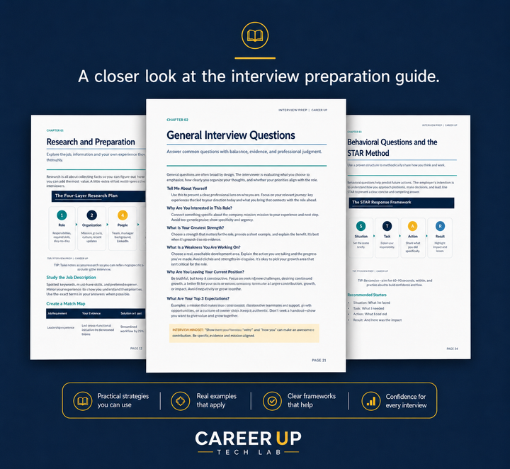 Preview of three real pages from the Win the Interview guide with larger, easier-to-read text.