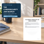 Cybersecurity Job Search Playbook 17-page printable PDF with a preview of the workbook on a desk.