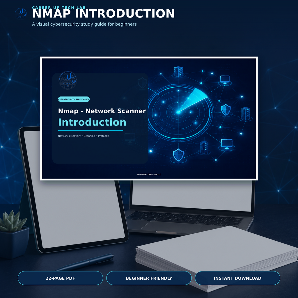 Nmap introduction visual study guide PDF for beginner cybersecurity and network scanning learners.