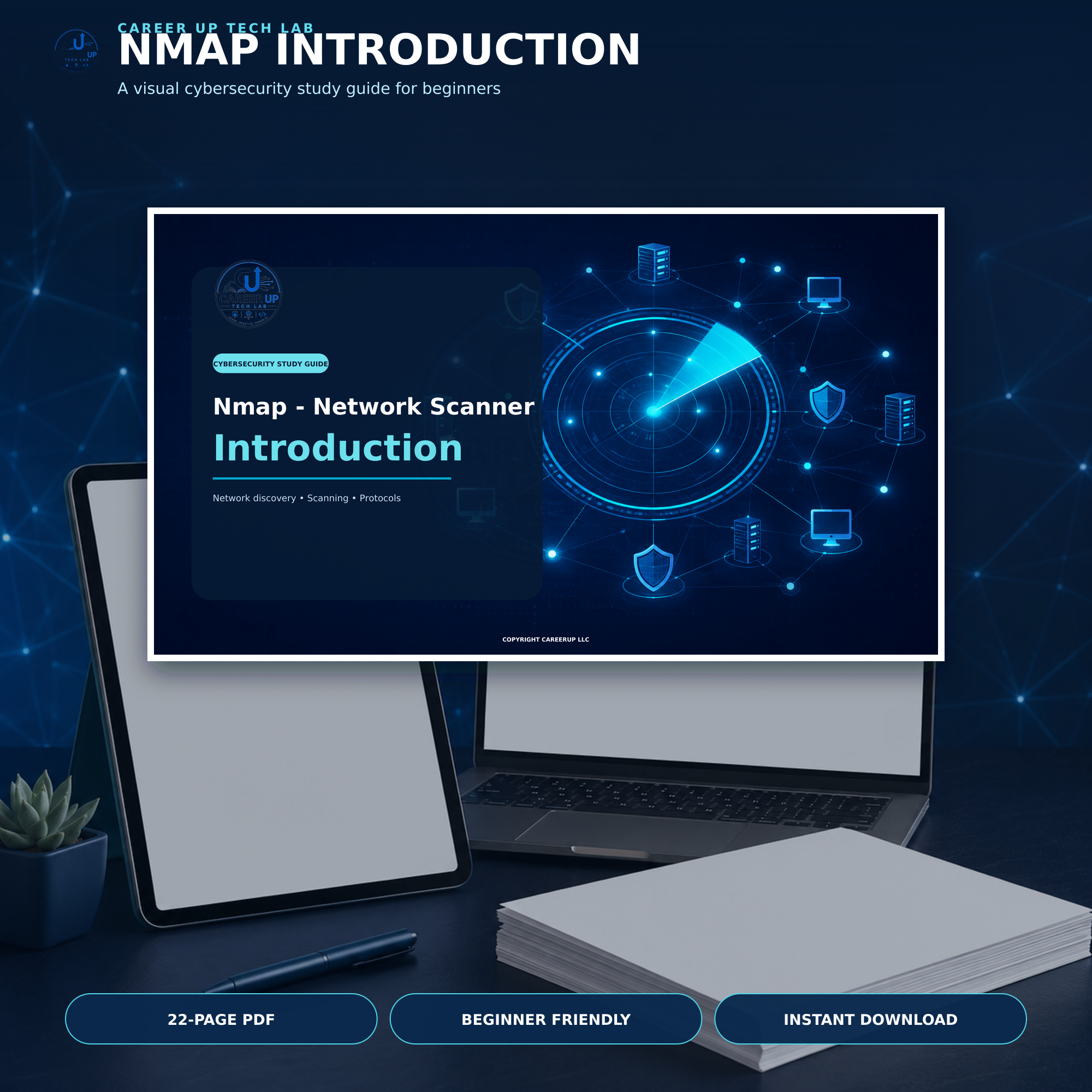 Nmap introduction visual study guide PDF for beginner cybersecurity and network scanning learners.