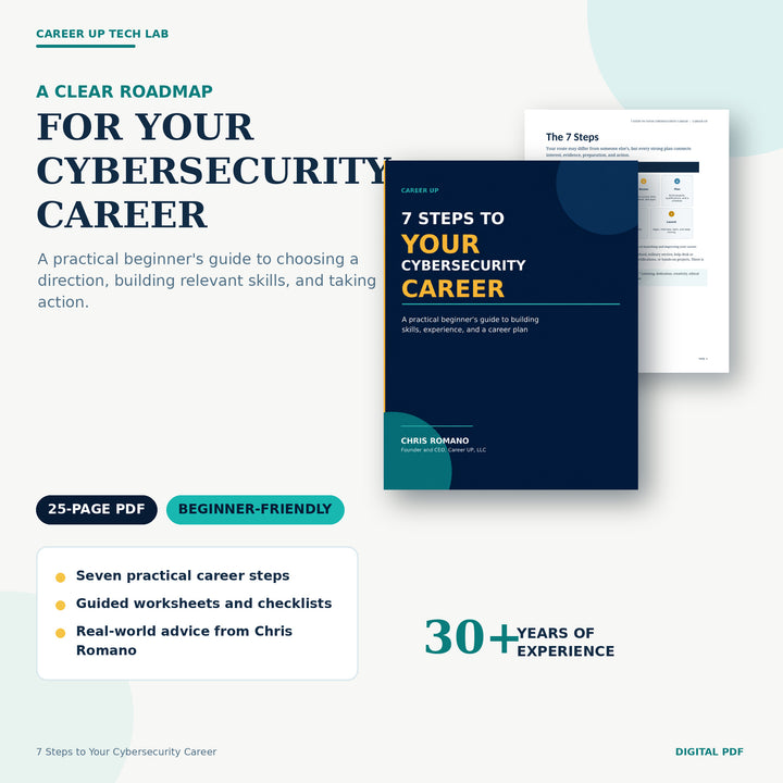 7 Steps cybersecurity career guide displayed as a digital PDF with a beginner-focused career roadmap and workbook preview.
