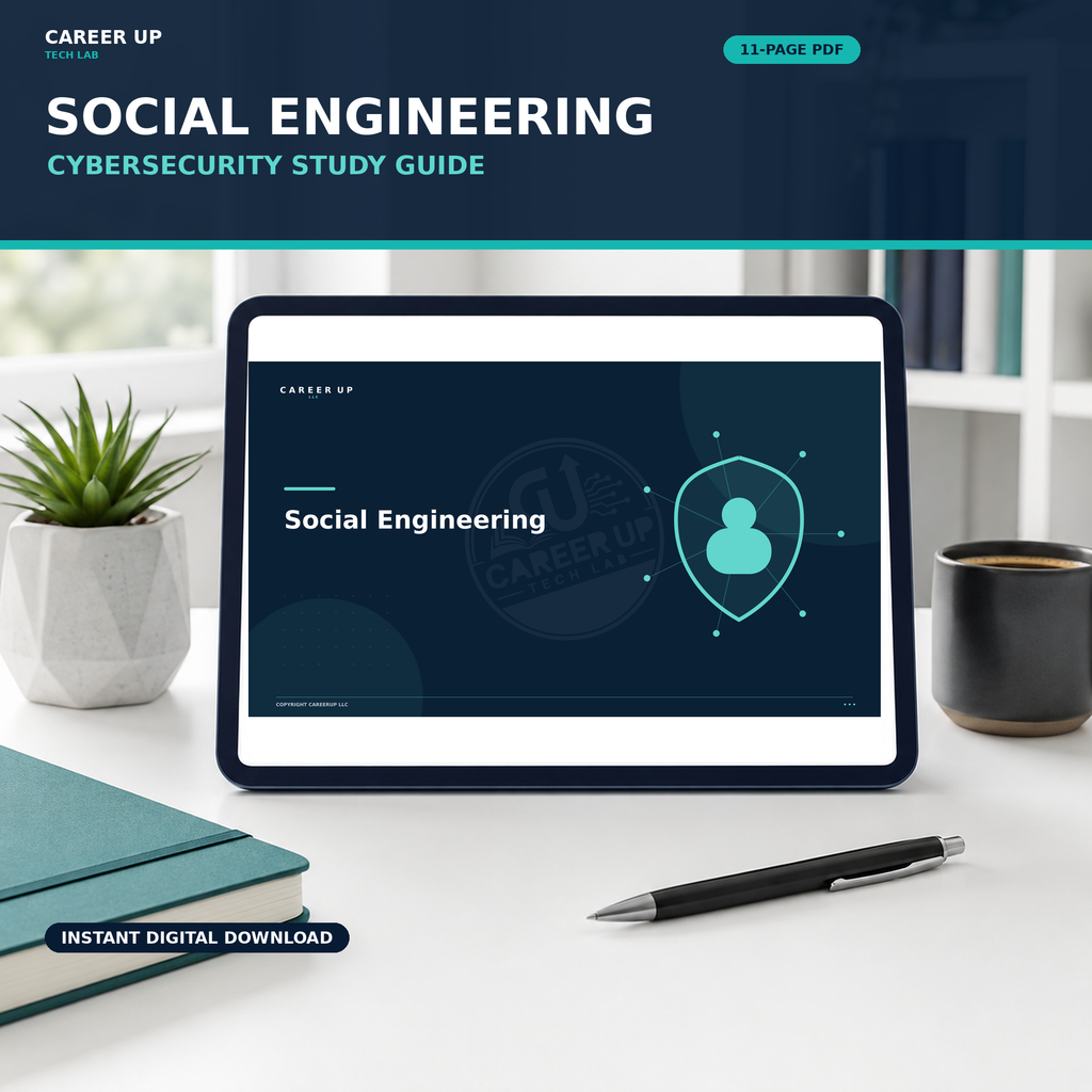 Social engineering cybersecurity study guide PDF on a tablet, an 11-page beginner digital guide from Career Up Tech Lab