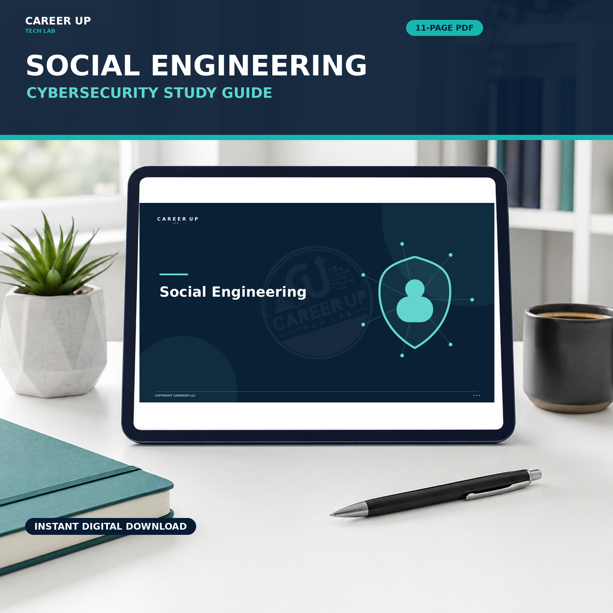 Social engineering cybersecurity study guide PDF on a tablet, an 11-page beginner digital guide from Career Up Tech Lab