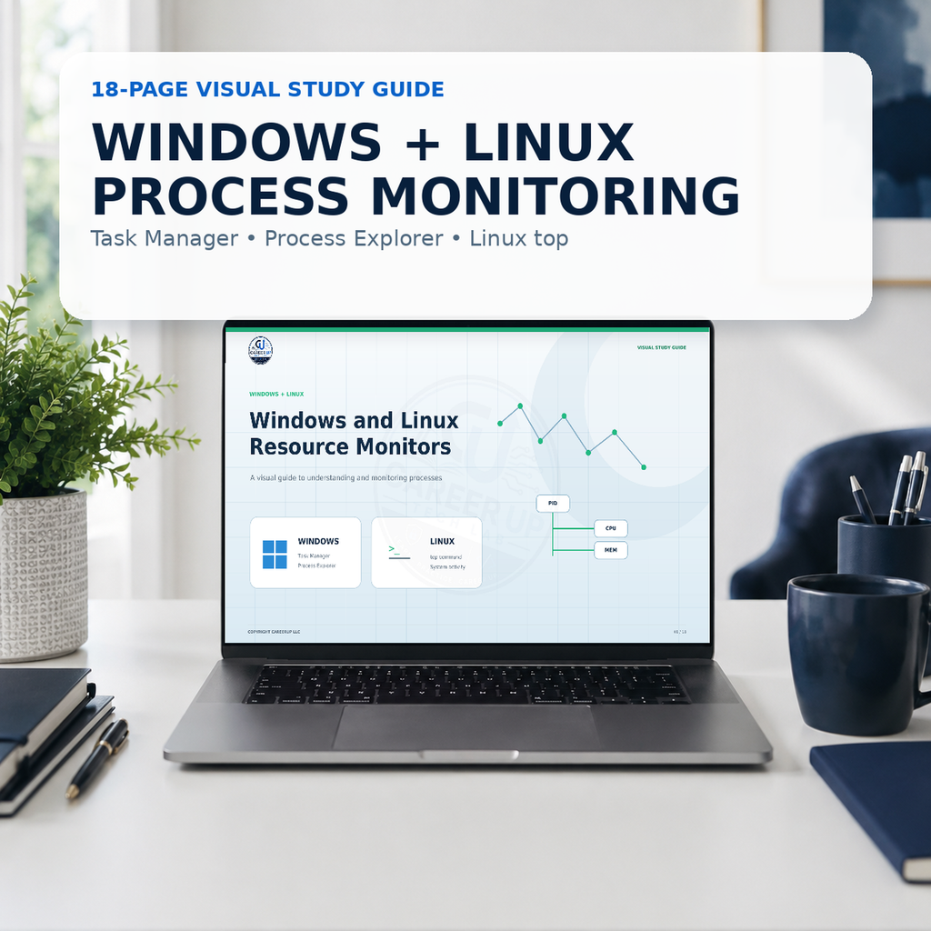 Windows and Linux process monitoring visual study guide displayed on a laptop.