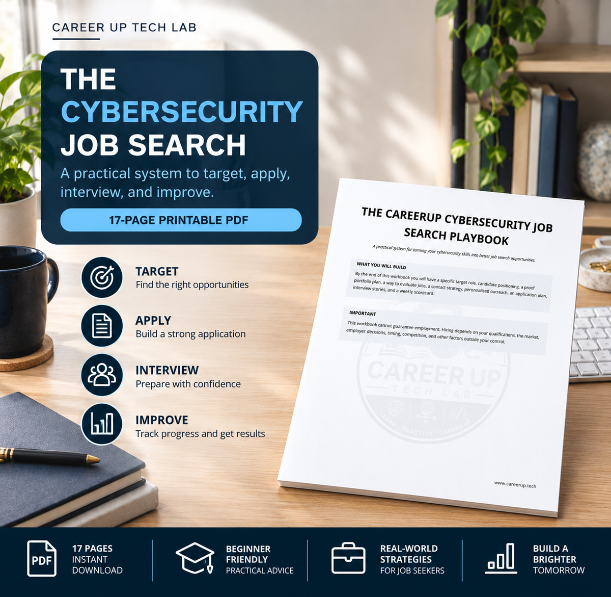 Cybersecurity Job Search Playbook, 17-page printable PDF for cybersecurity job seekers covering role targeting, stronger applications, interview preparation, and practical job search strategy.