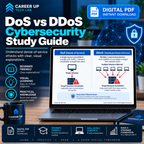 DoS vs DDoS Cybersecurity Study Guide digital PDF explaining denial-of-service attacks, botnets, reflection and amplification, risks, and basic defense strategies for cybersecurity learners.