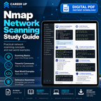 Nmap Network Scanning Study Guide digital PDF covering scanning basics, host discovery, port scanning, service detection, practical commands, real-world examples, and defensive security concepts.