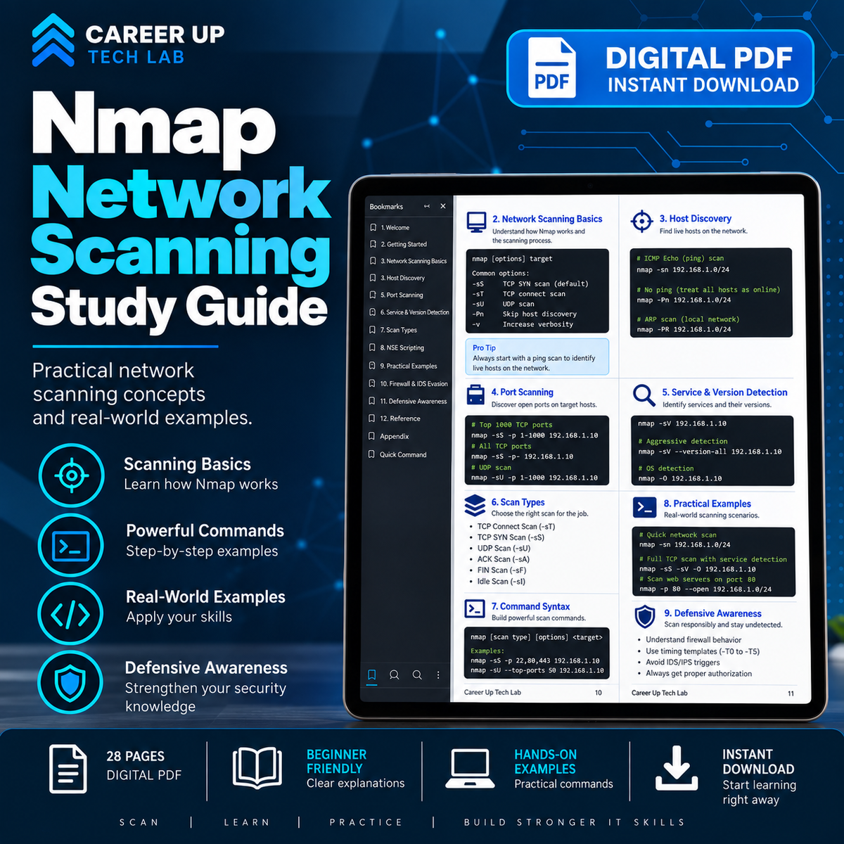 Nmap Network Scanning Study Guide digital PDF covering scanning basics, host discovery, port scanning, service detection, practical commands, real-world examples, and defensive security concepts.