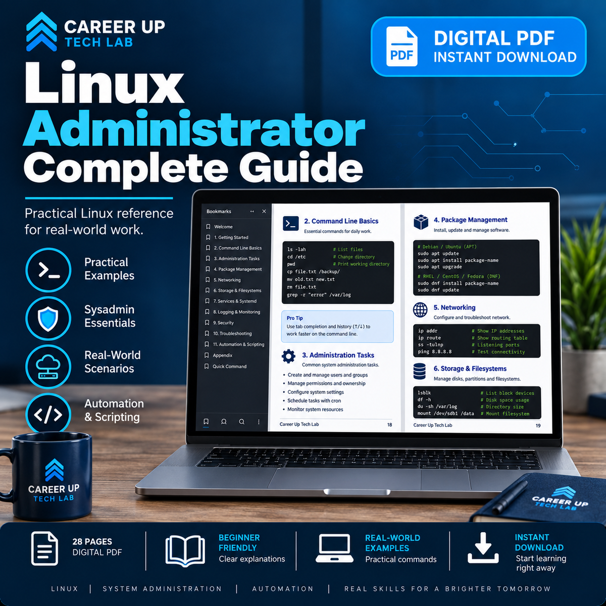 Linux Administrator Complete Guide, 28-page digital PDF with practical Linux commands, system administration essentials, networking, security, automation, and real-world examples.