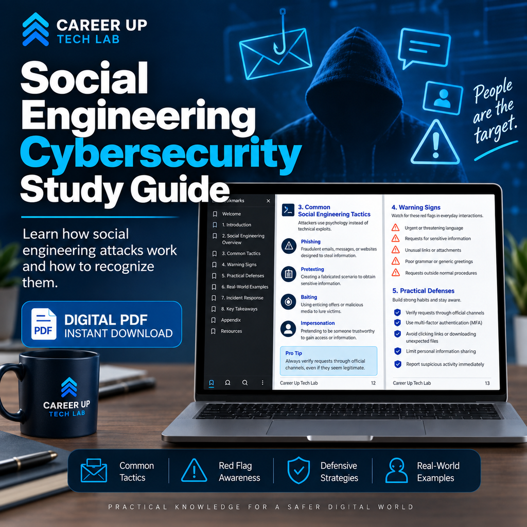 Social Engineering Cybersecurity Study Guide digital PDF for beginners covering common tactics, warning signs, defensive strategies, and practical ways to recognize social engineering attacks.