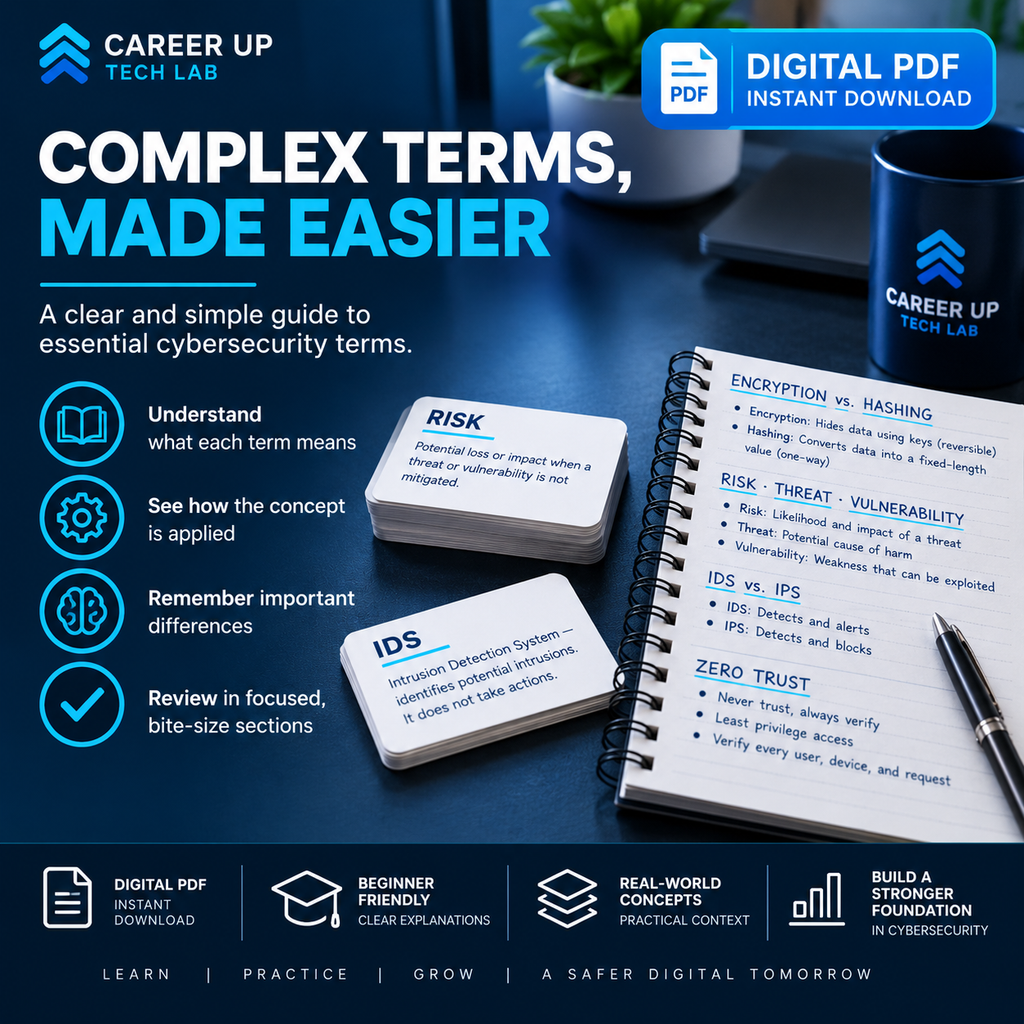 Cybersecurity terms digital PDF study guide explaining essential concepts such as risk, encryption, hashing, IDS, IPS, and Zero Trust in clear, beginner-friendly language.