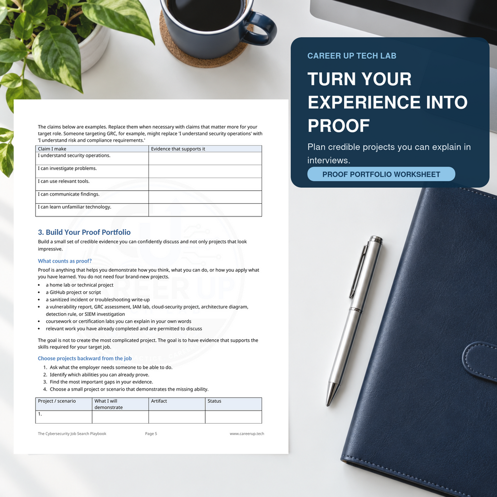 Cybersecurity proof portfolio worksheet helping job seekers turn experience, projects, and technical skills into interview-ready evidence.