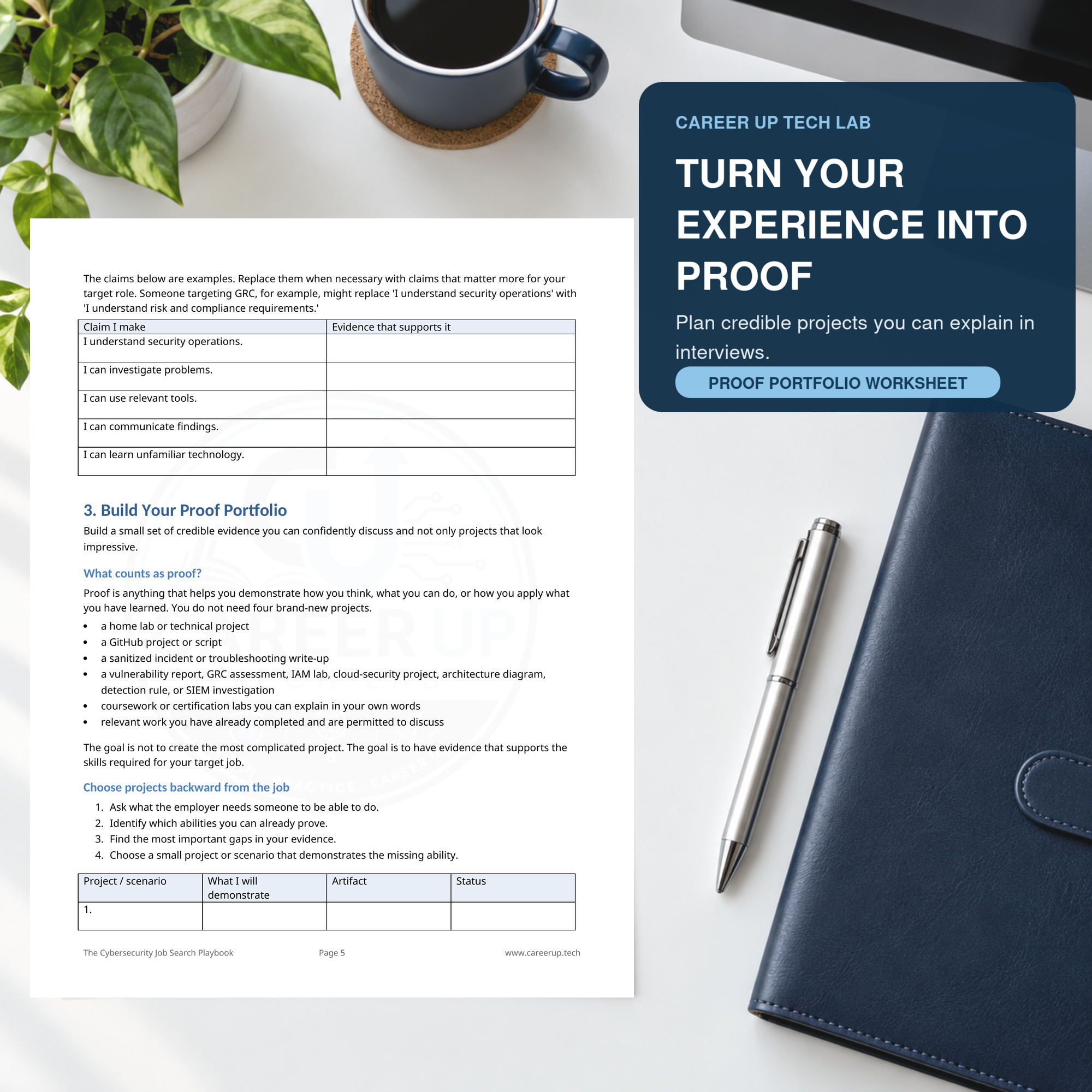 Cybersecurity proof portfolio worksheet helping job seekers turn experience, projects, and technical skills into interview-ready evidence.