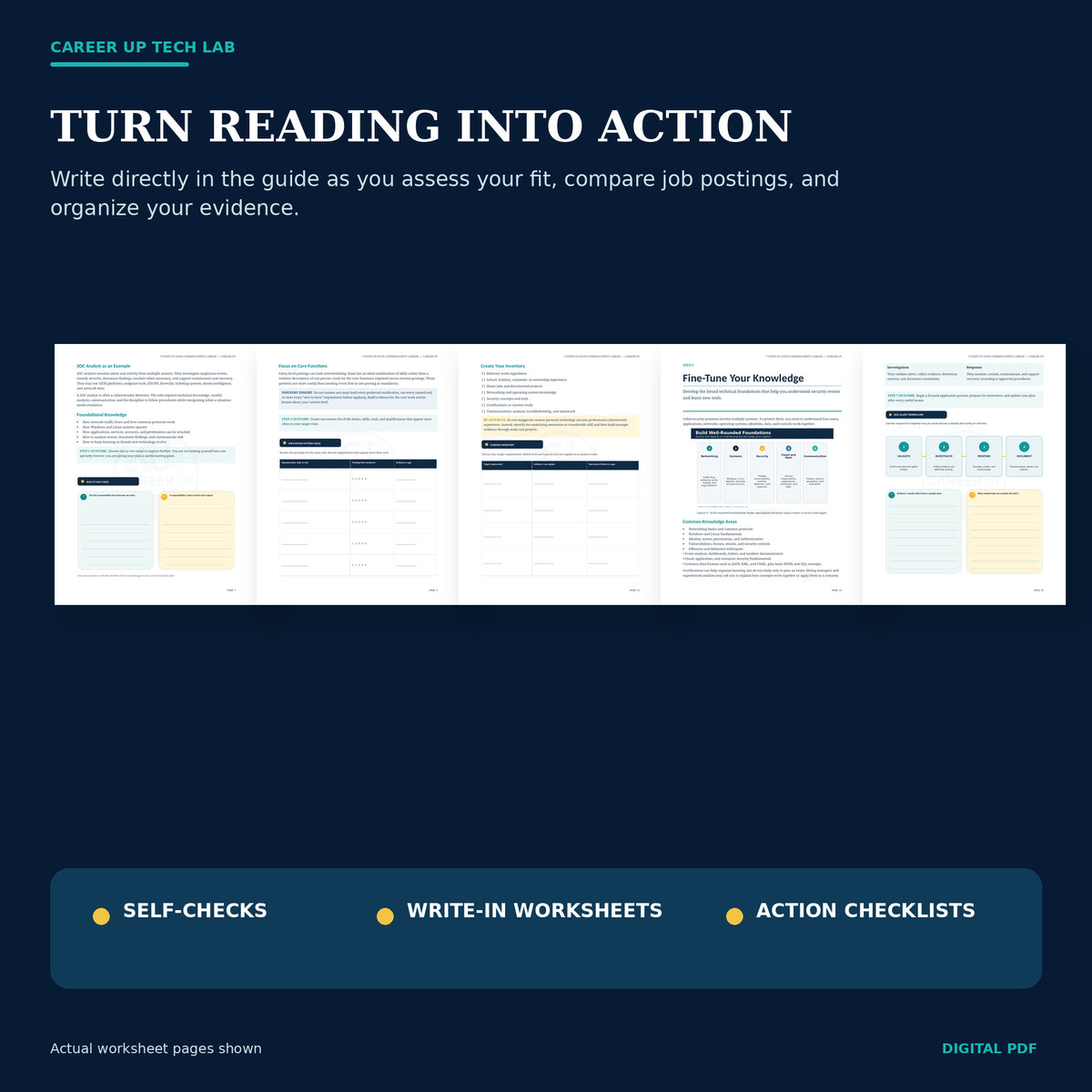 Actual guided worksheet pages for planning cybersecurity goals, tracking progress, and turning research into next steps.