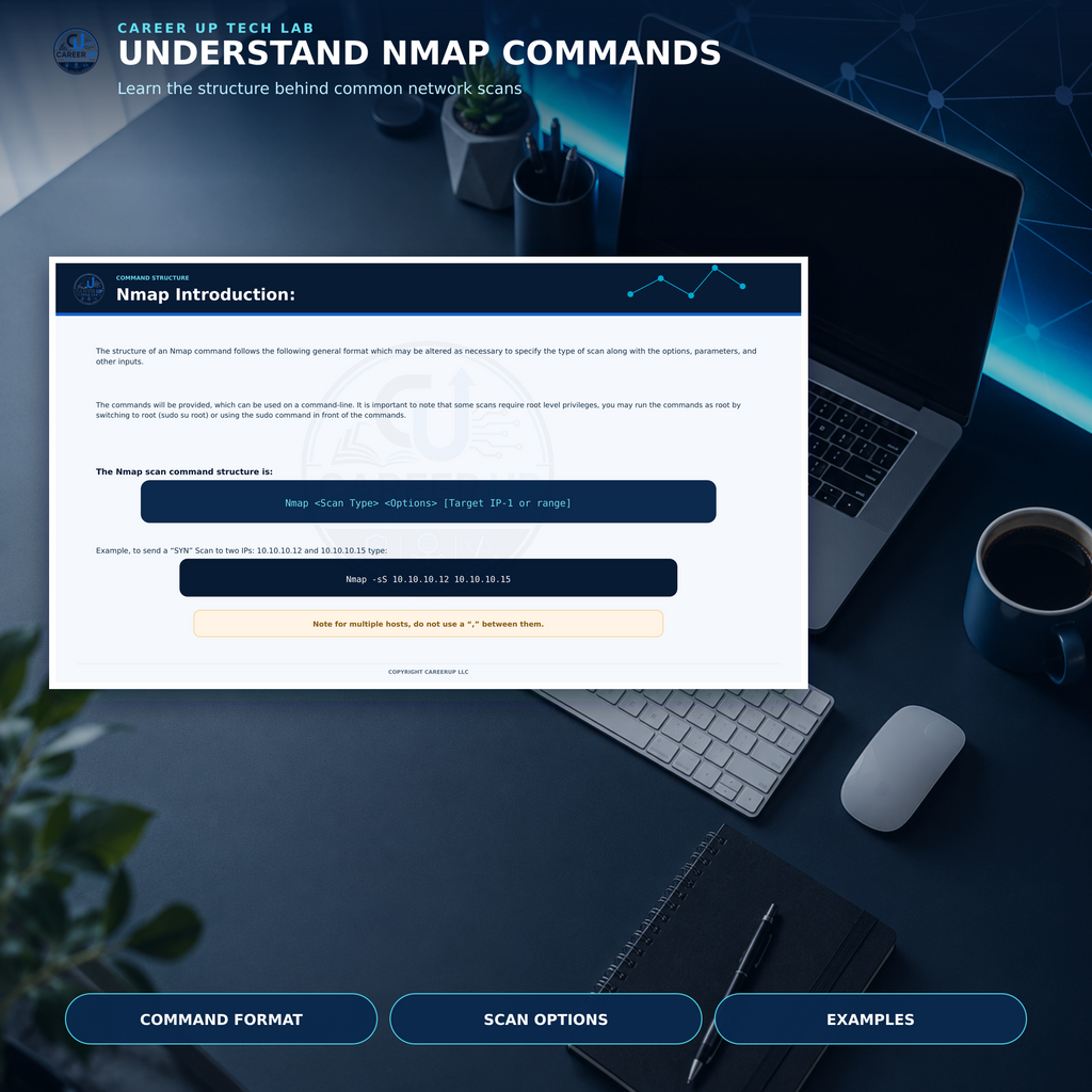 Nmap command structure reference with network scan format and command examples.