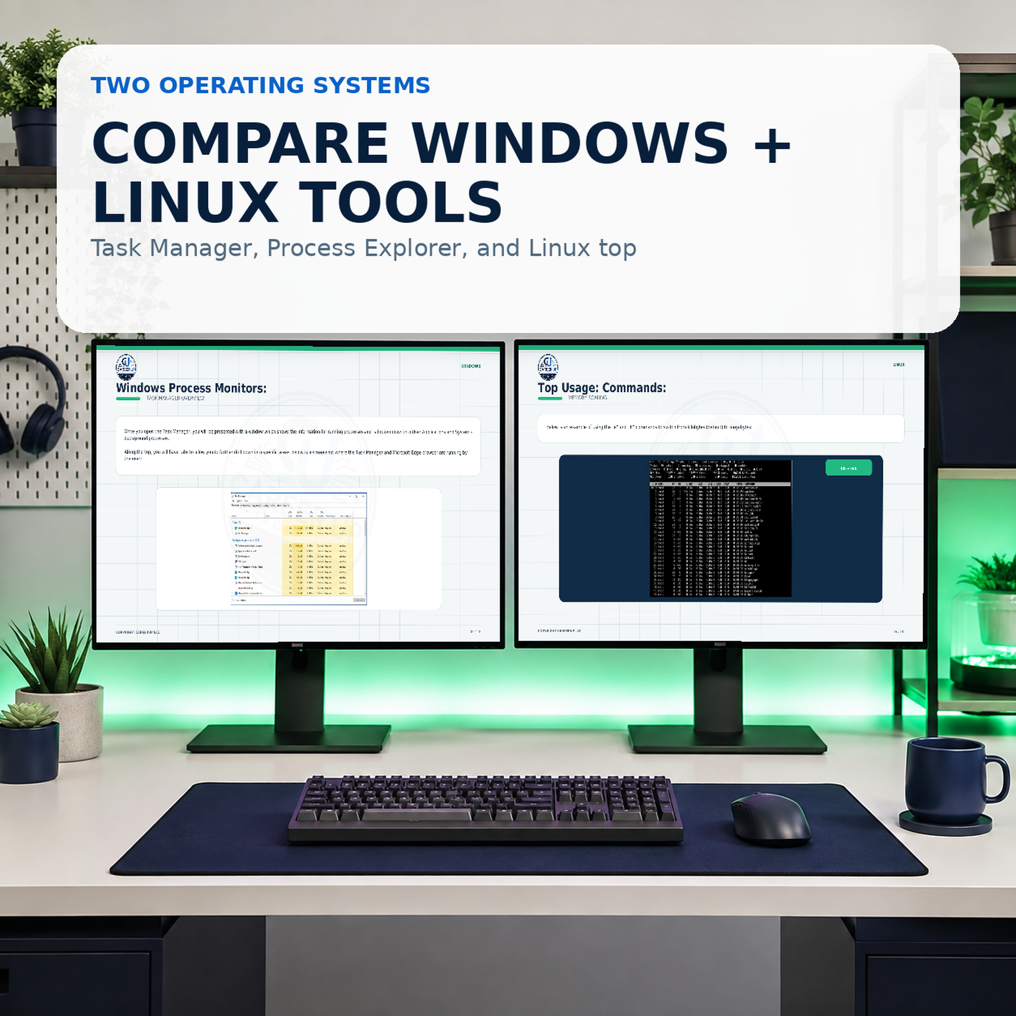 Windows Task Manager and Linux top guide pages displayed on dual monitors.