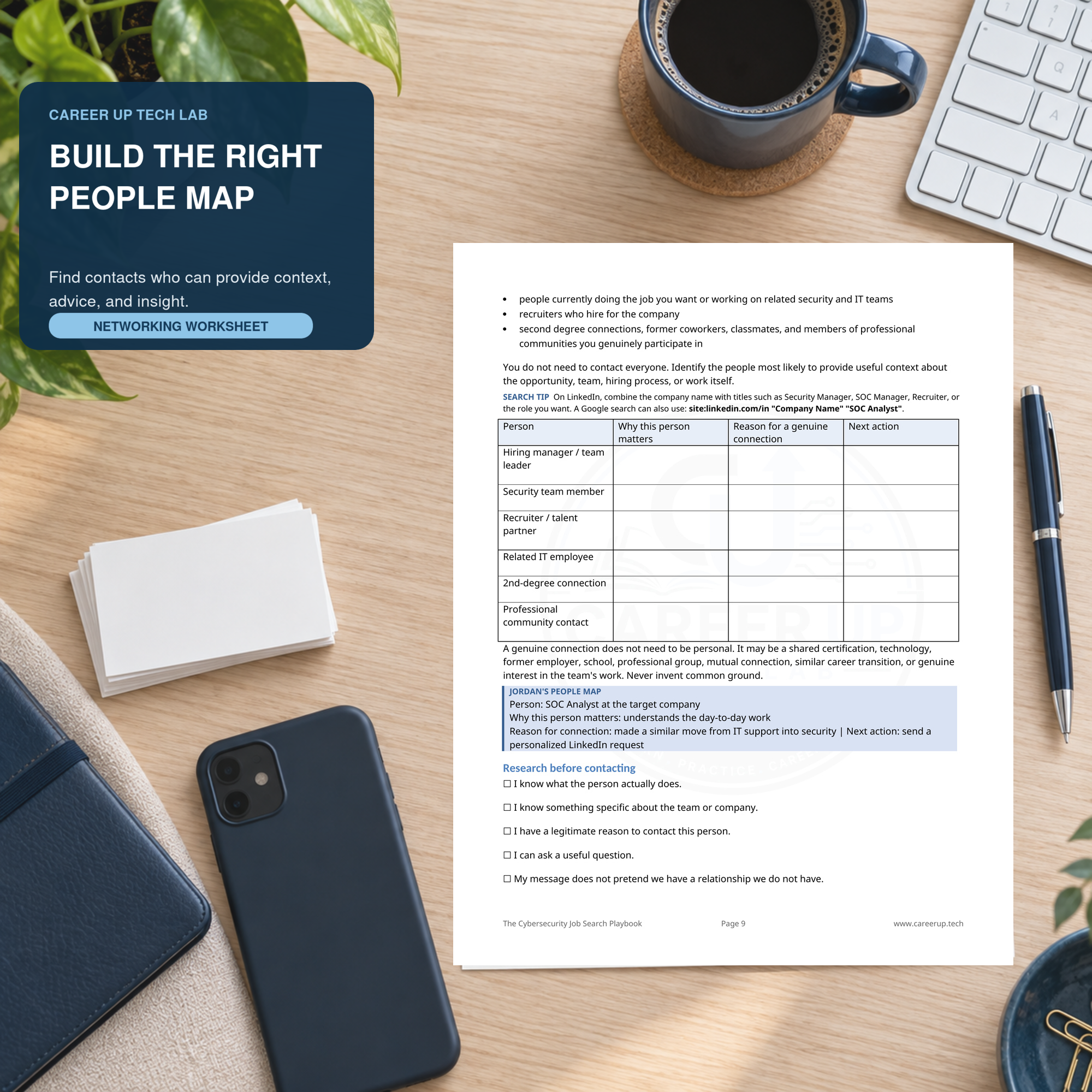 Cybersecurity networking worksheet for identifying hiring managers, recruiters, security professionals, and useful professional connections.