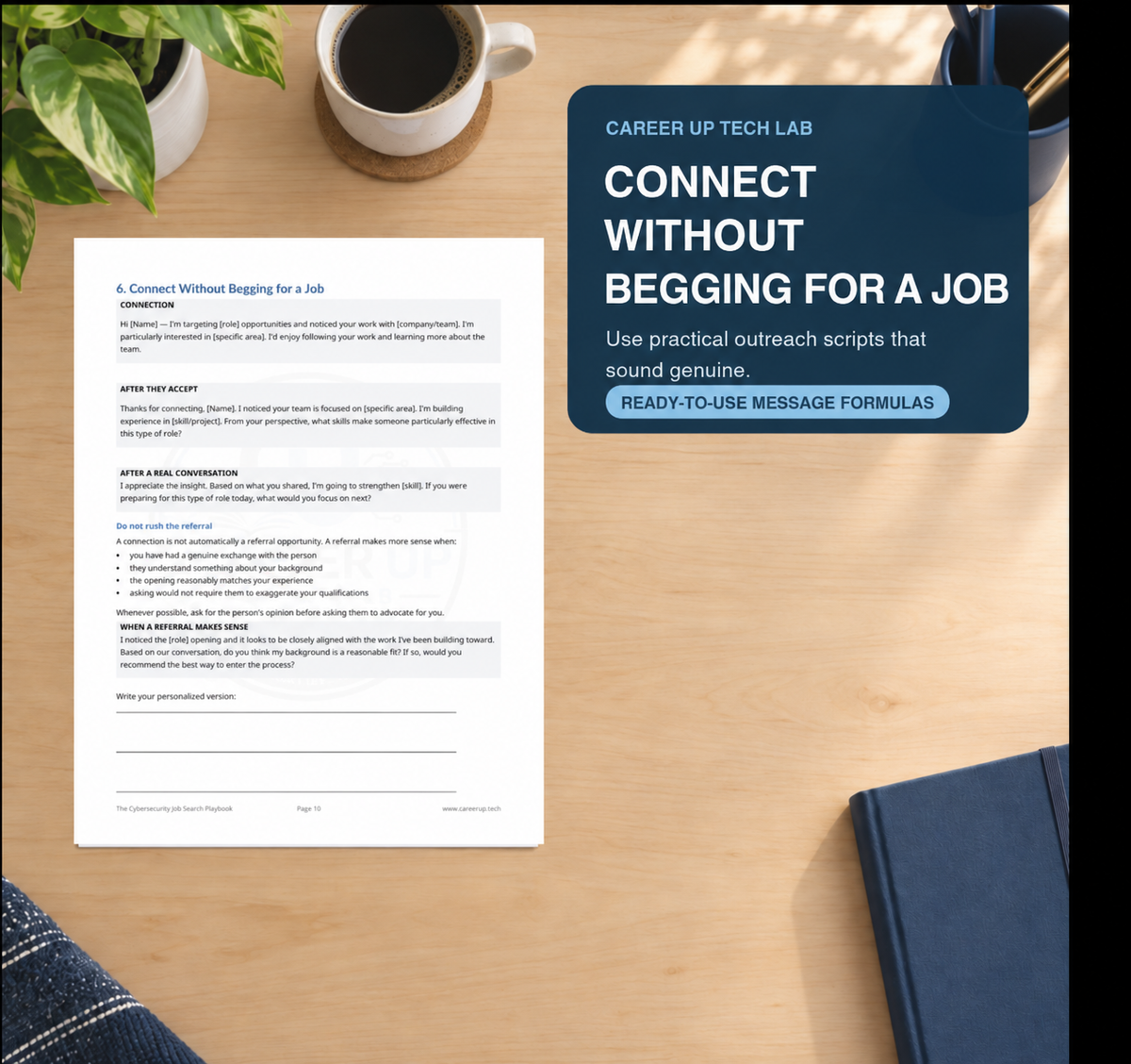 Cybersecurity networking and LinkedIn outreach scripts for connecting with professionals without directly asking for a job.