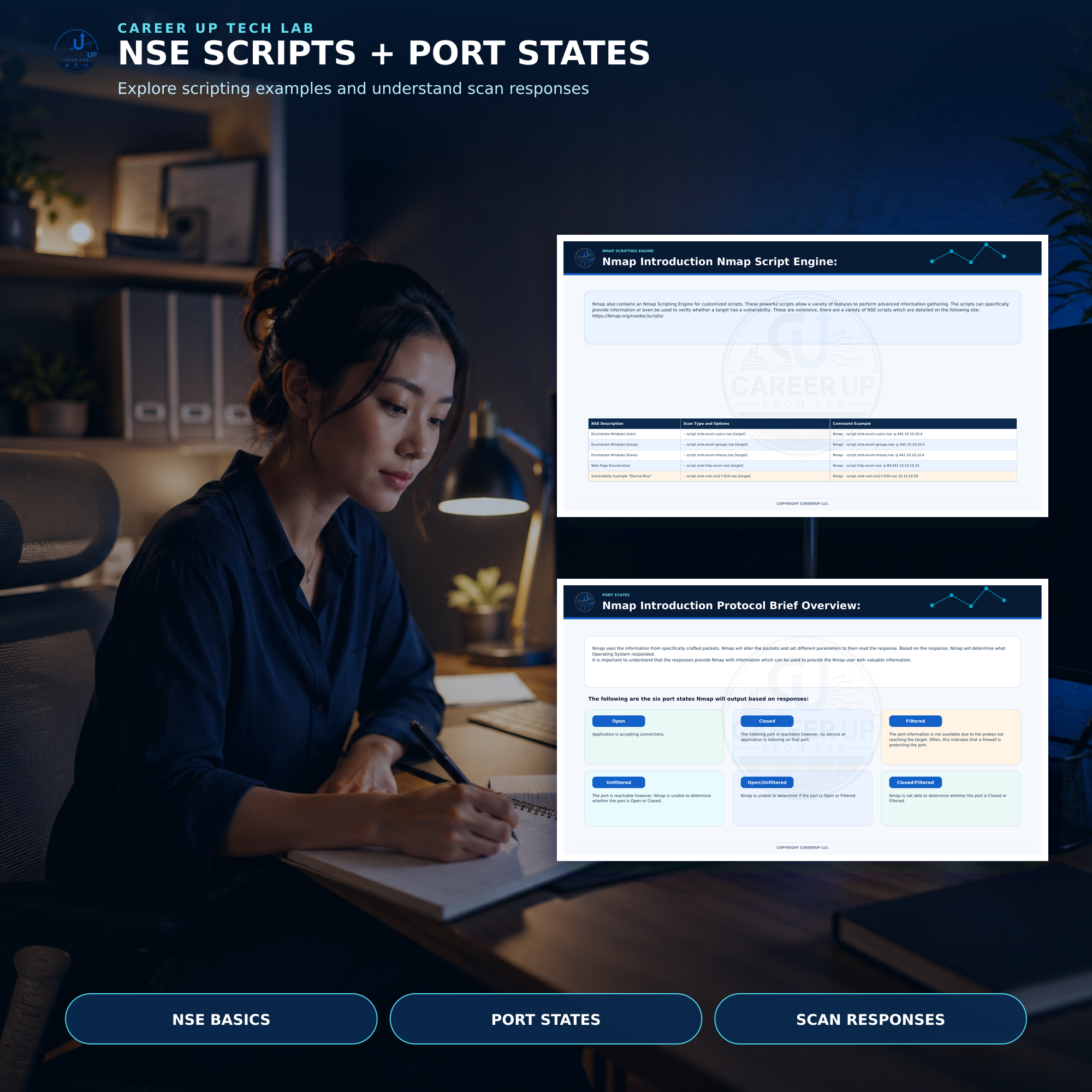 Nmap Scripting Engine and port states study pages for cybersecurity learners.