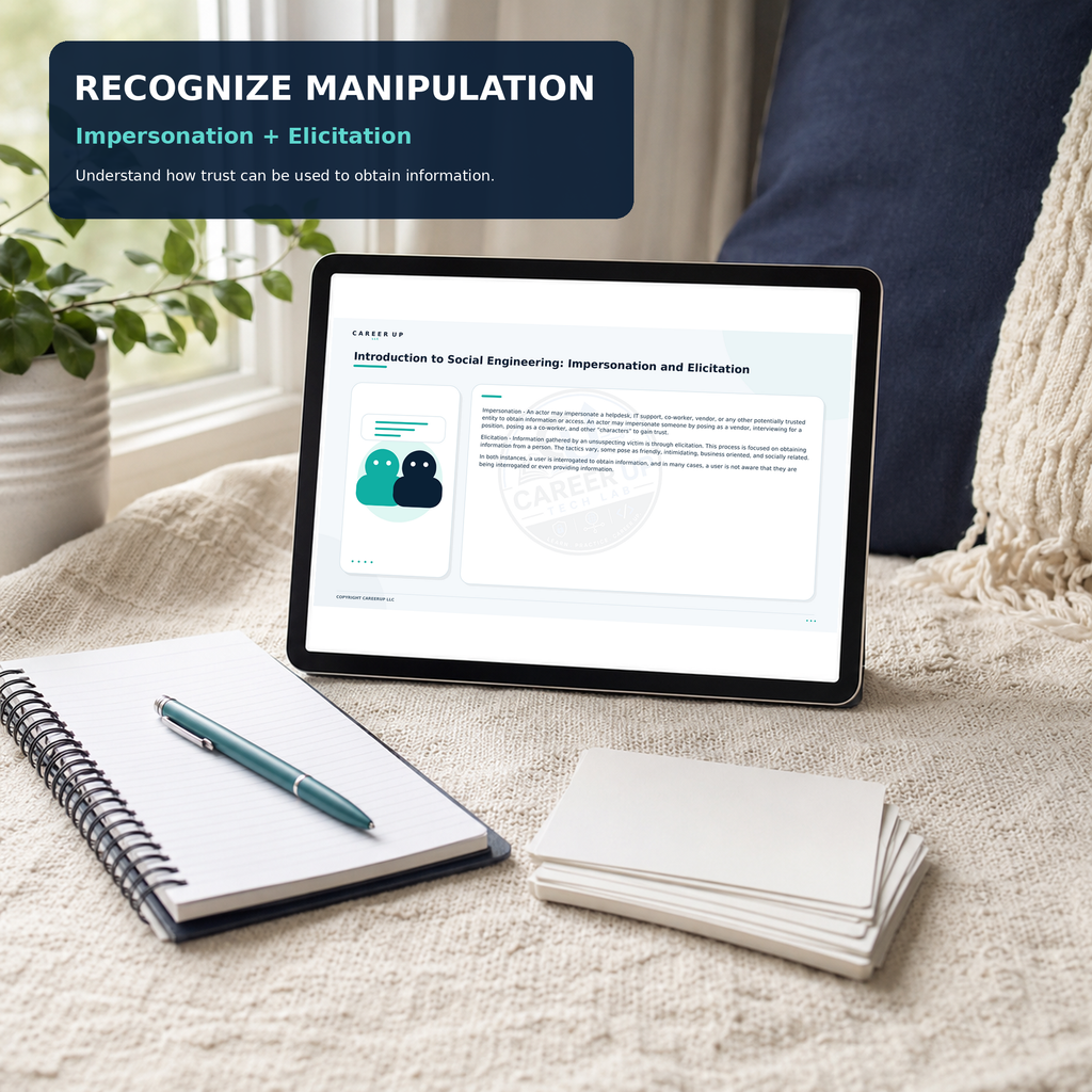 Cybersecurity study guide page explaining impersonation and elicitation tactics used to obtain information