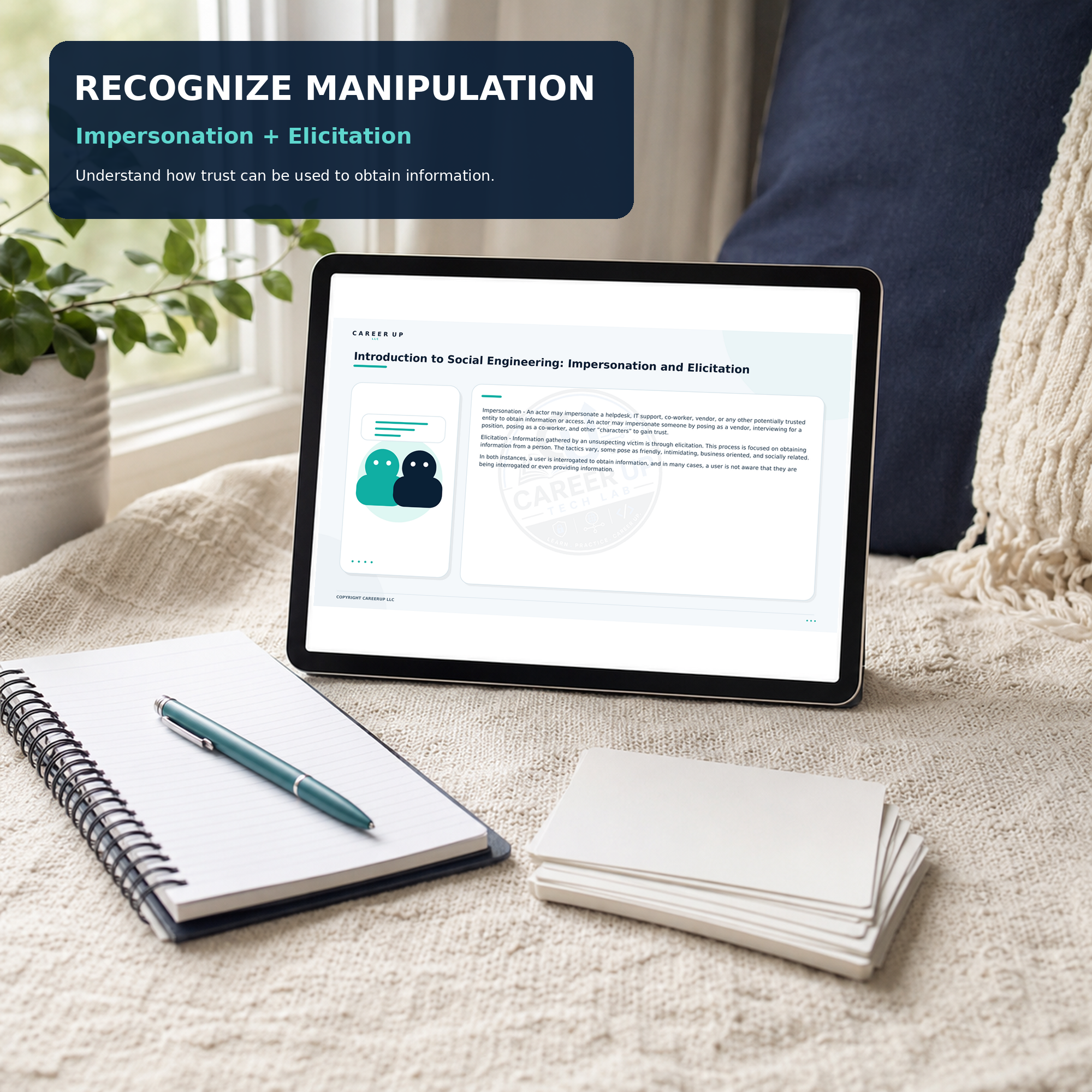 Cybersecurity study guide page explaining impersonation and elicitation tactics used to obtain information