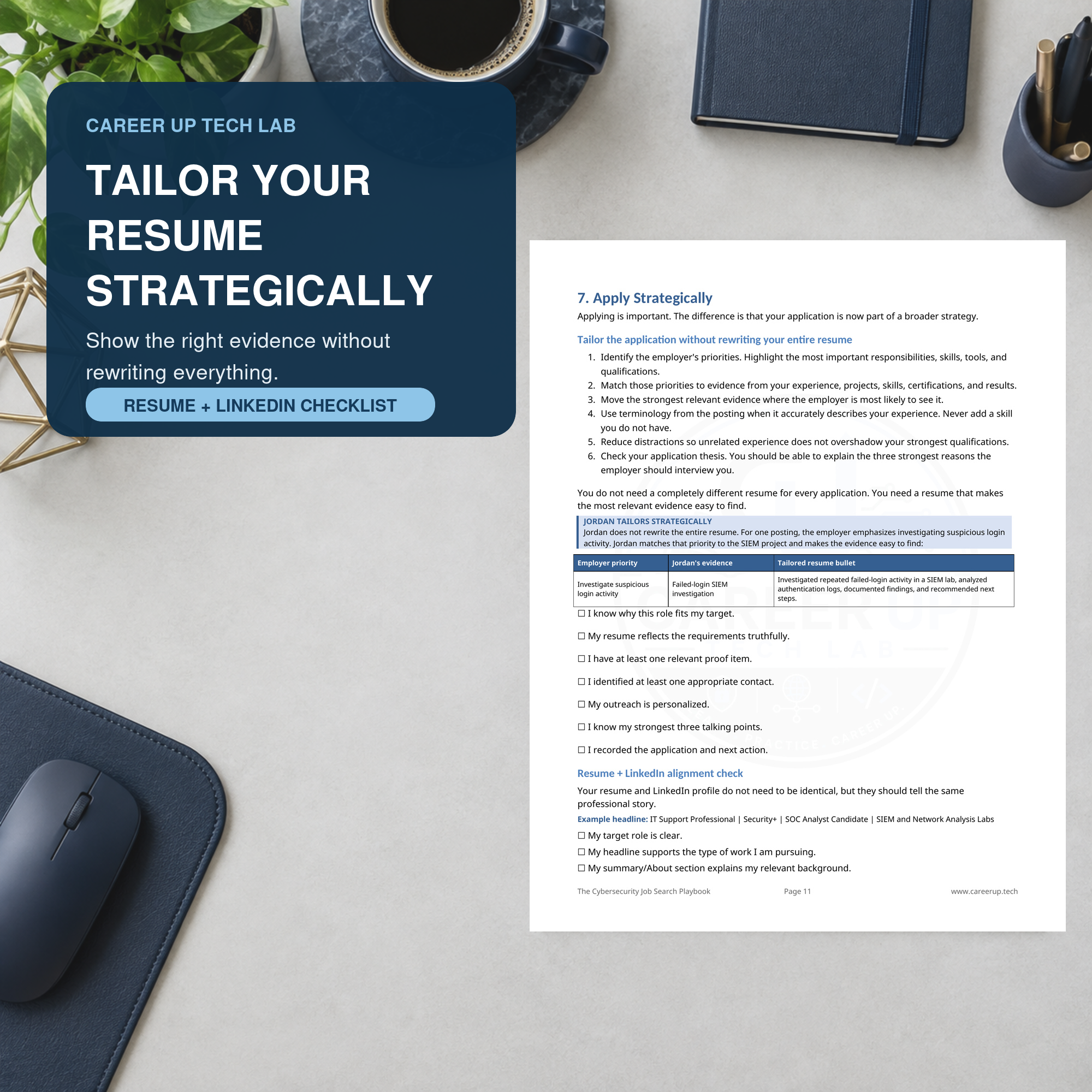Cybersecurity resume tailoring checklist for matching relevant skills, experience, and evidence to a specific job posting.