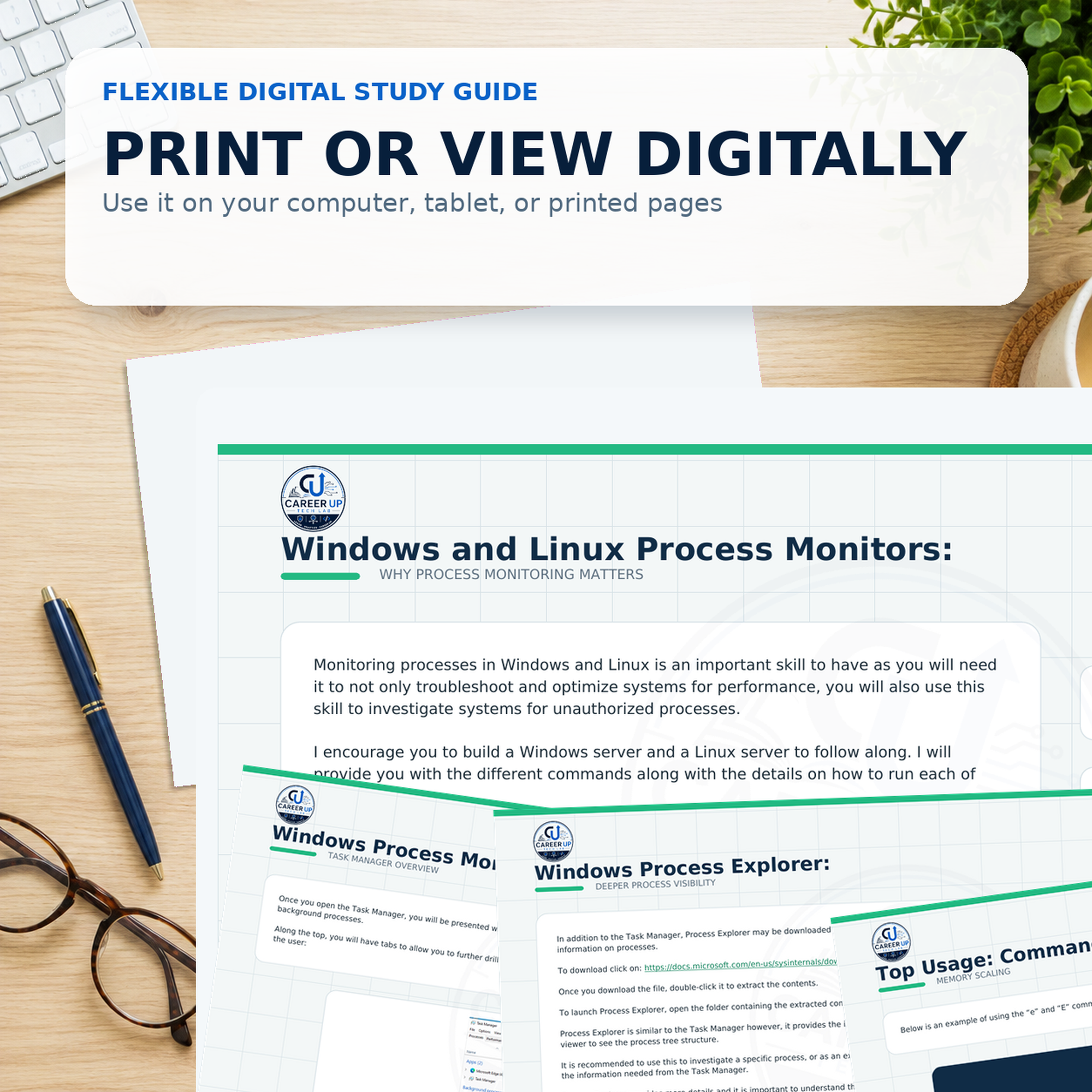 Printable Windows and Linux process monitoring guide pages on a study desk.