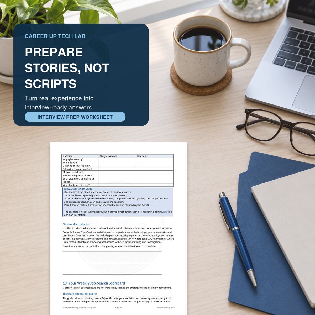 Cybersecurity interview preparation worksheet for organizing real experience into strong interview stories and answers.