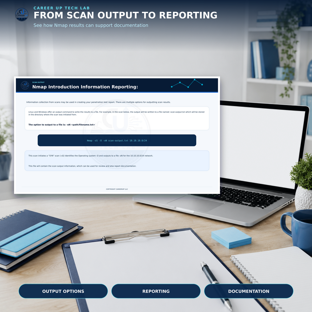Nmap scan output and information reporting guide for cybersecurity documentation.