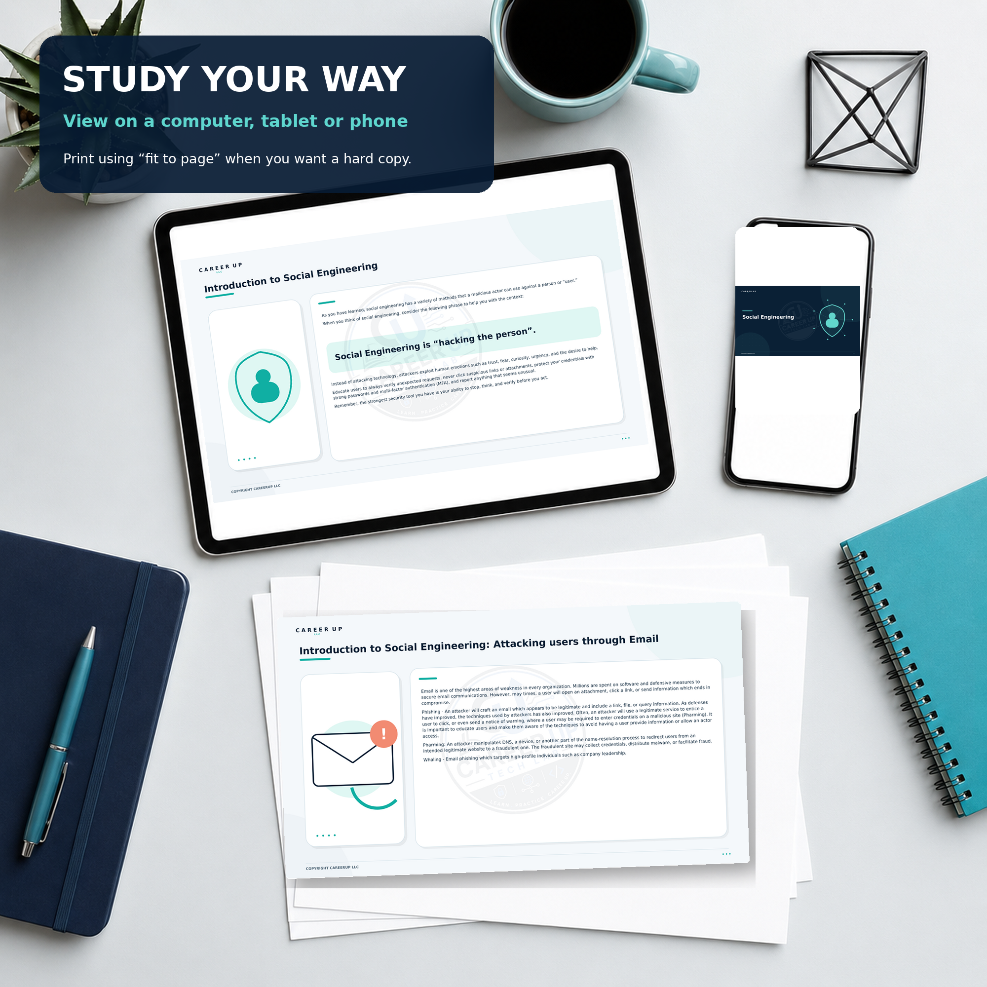 Study the social engineering cybersecurity guide on a computer, tablet or phone, or print with fit-to-page settings