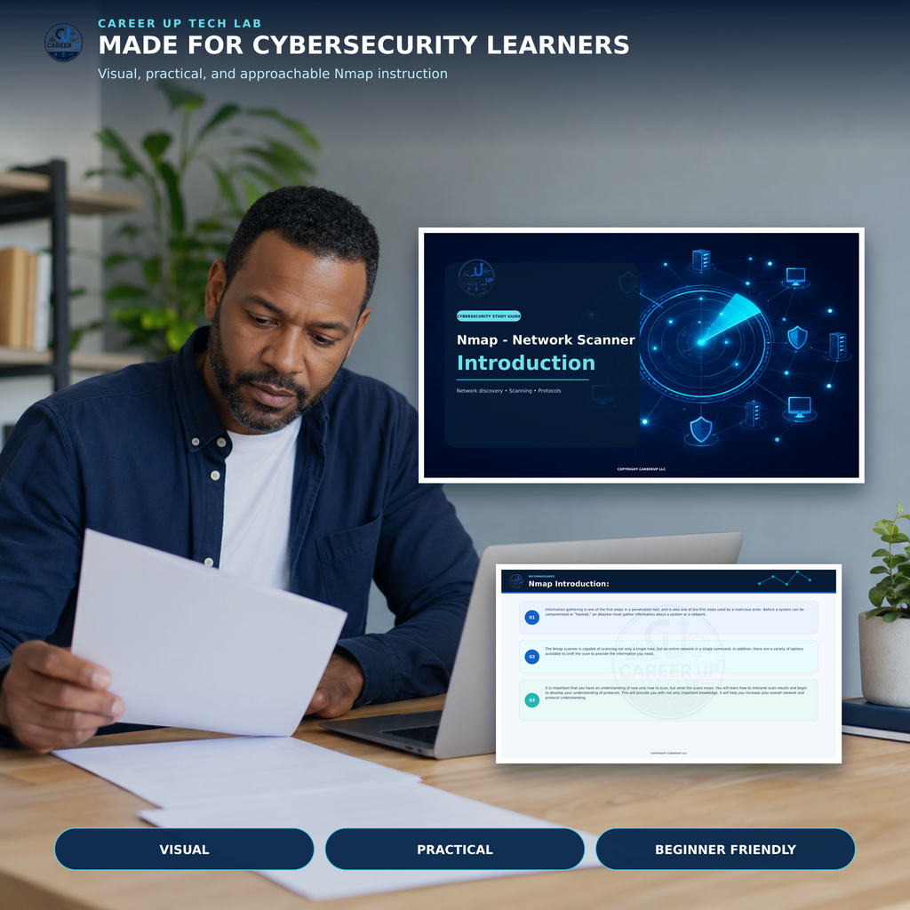 Beginner cybersecurity learner using a visual Nmap introduction and reconnaissance guide.