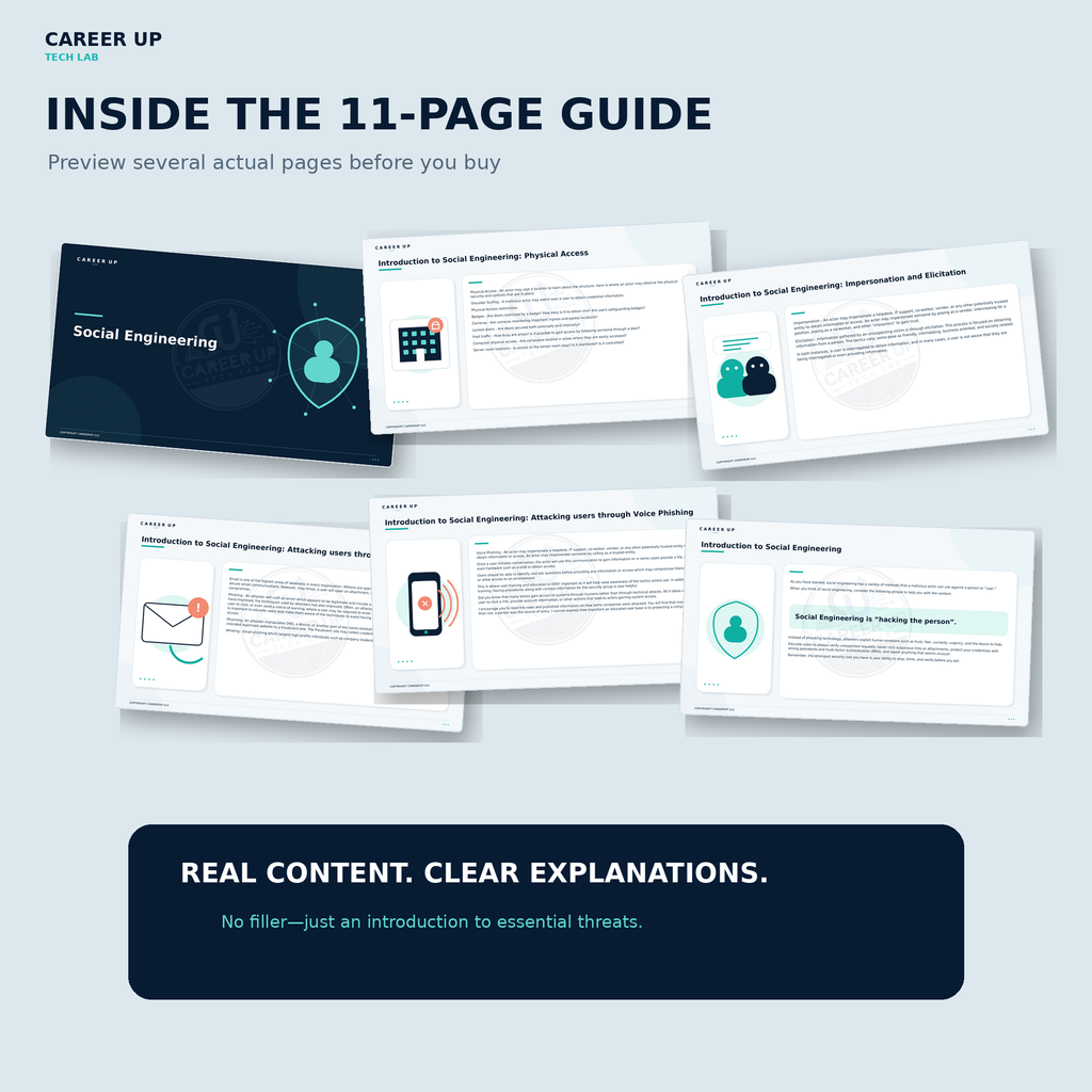 Inside-page preview of the Career Up Tech Lab social engineering PDF covering physical access, phishing and voice phishing