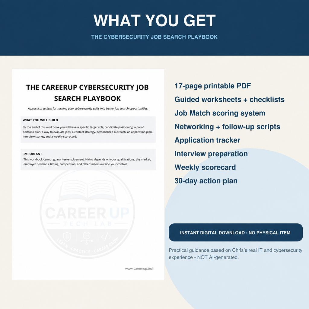 Cybersecurity Job Search Playbook digital download with 17 printable pages, worksheets, checklists, networking scripts, job match scoring, interview prep, and 30-day plan.