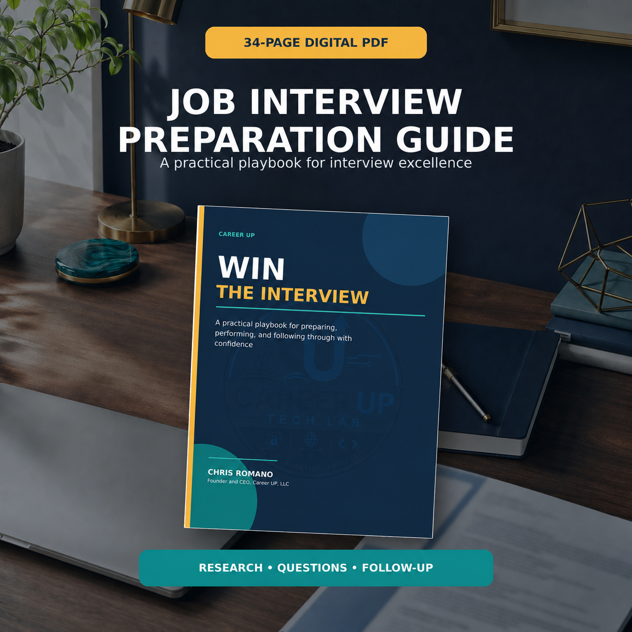 Win the Interview 34-page job interview preparation PDF ebook displayed on a professional office desk.