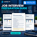 Job Interview Preparation Guide digital PDF for job seekers, featuring research planning, common interview questions, STAR method guidance, and a clear system to prepare with confidence.