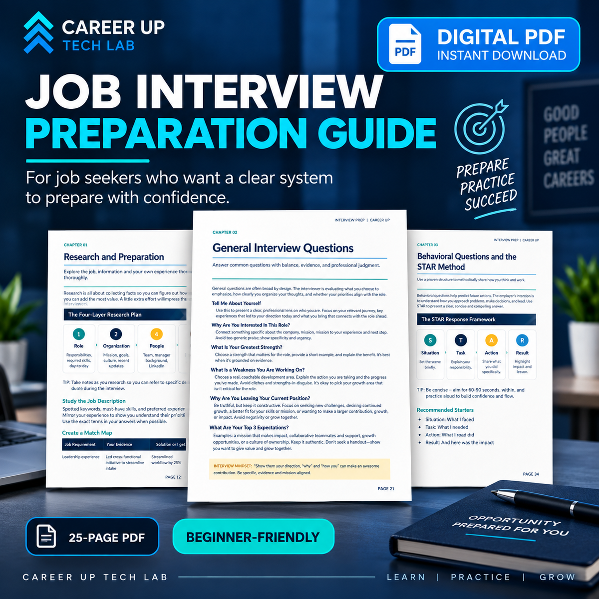 Job Interview Preparation Guide digital PDF for job seekers, featuring research planning, common interview questions, STAR method guidance, and a clear system to prepare with confidence.