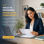 Woman preparing for a job interview with guidance for clear answers, organized experience, and confidence.