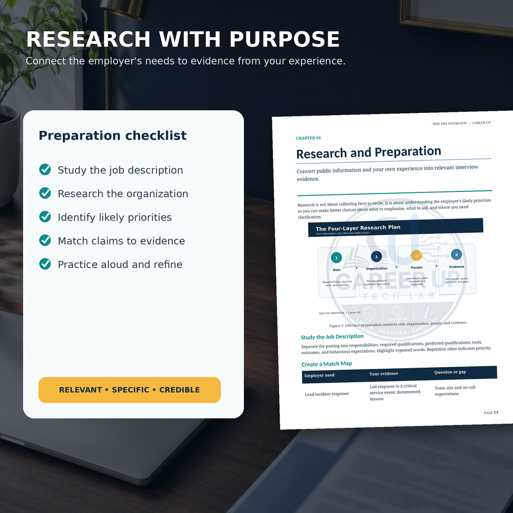 Interview research checklist with a Win the Interview ebook page on employer preparation and relevant evidence.