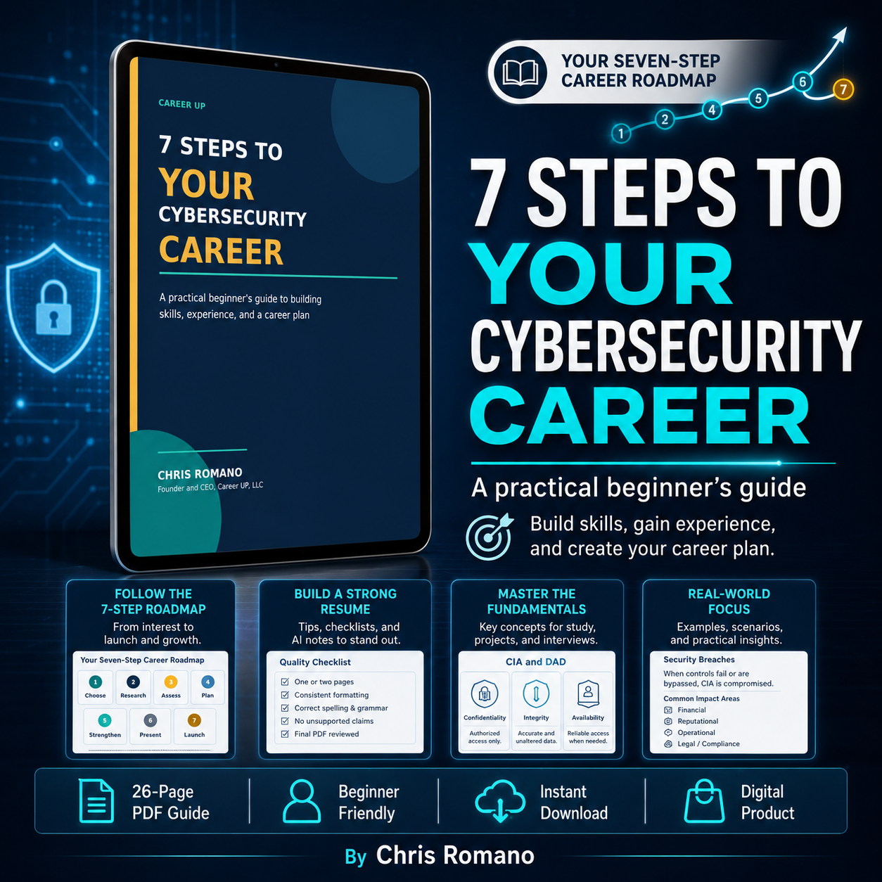 7 Steps to Your Cybersecurity Career beginner PDF guide by Chris Romano with a seven-step roadmap, resume guidance, fundamentals, and instant download.