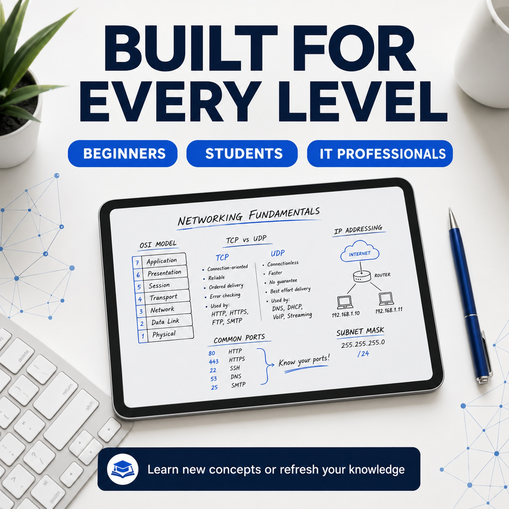 Positions the visual guide as a learning and review resource for beginners, students, and experienced IT professionals.