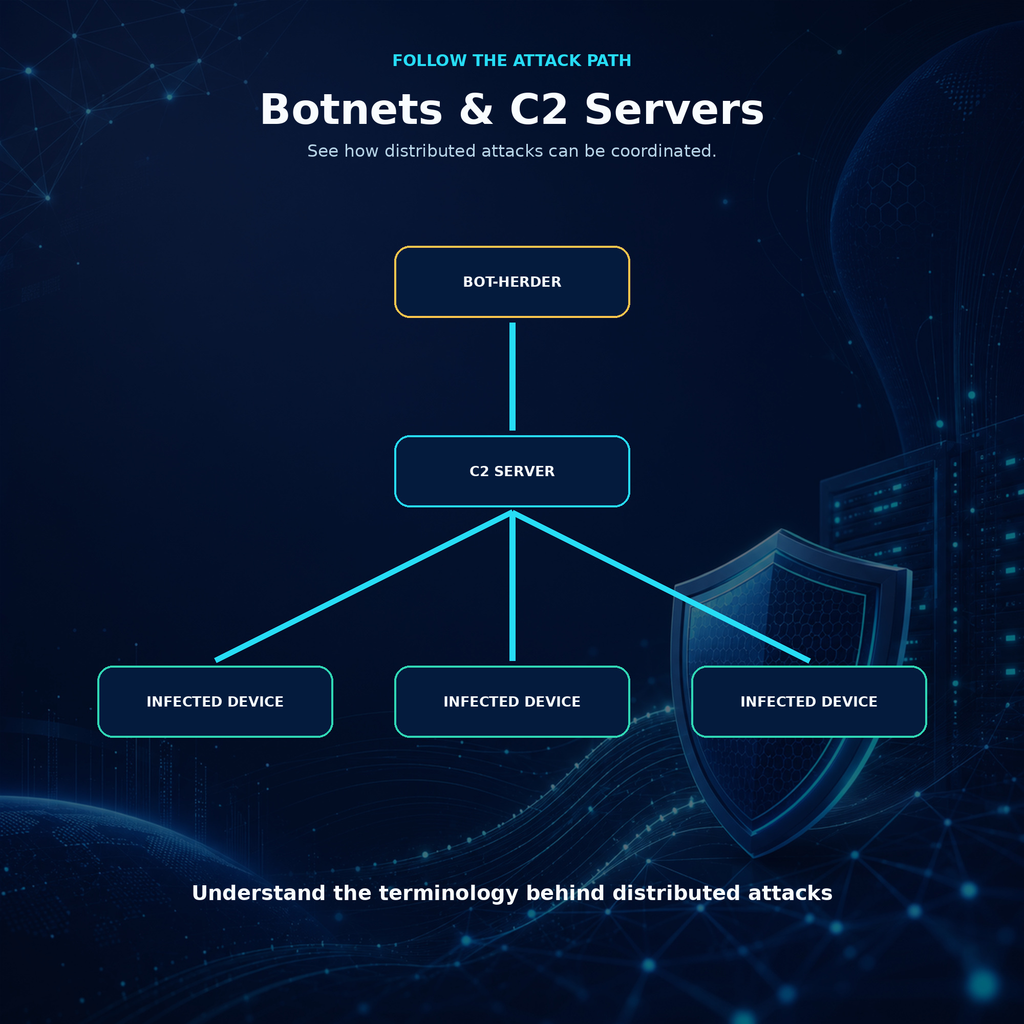 Cybersecurity diagram illustrating how a bot-herder uses a command-and-control server to coordinate multiple infected devices during a distributed attack.