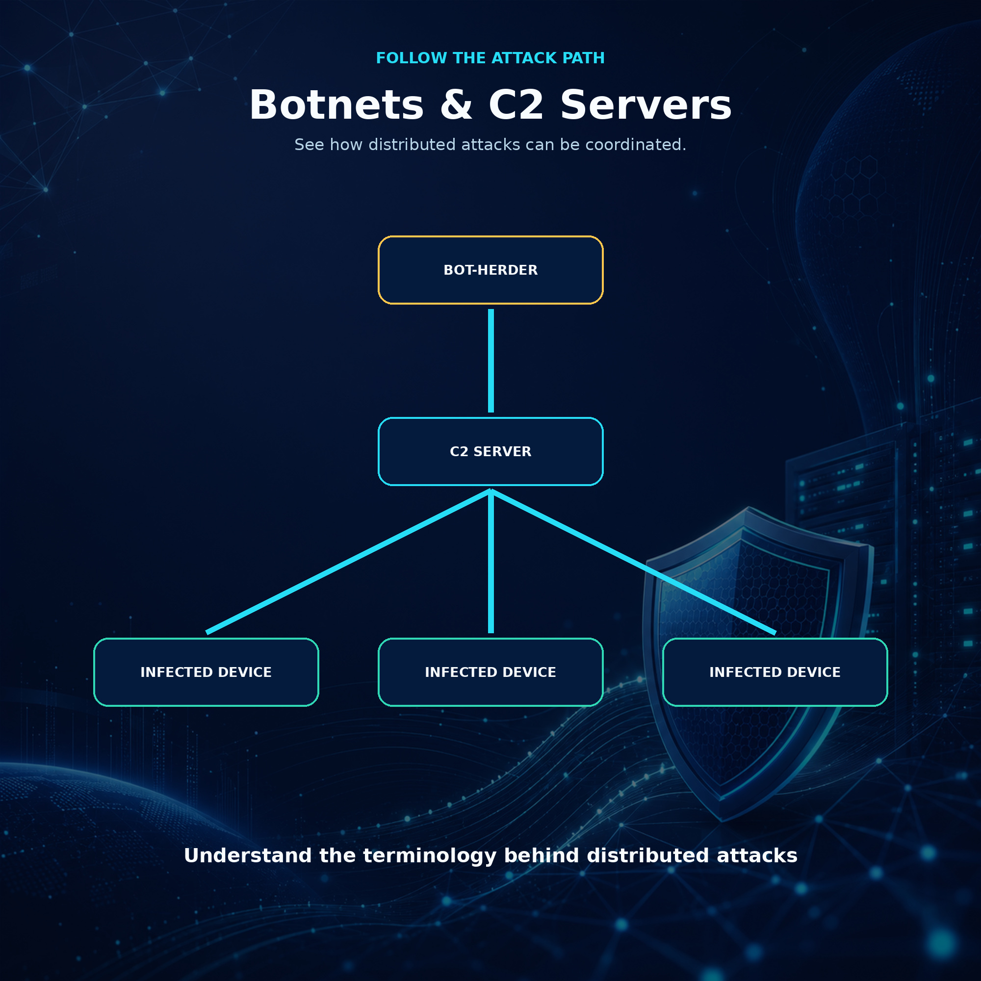Cybersecurity diagram illustrating how a bot-herder uses a command-and-control server to coordinate multiple infected devices during a distributed attack.