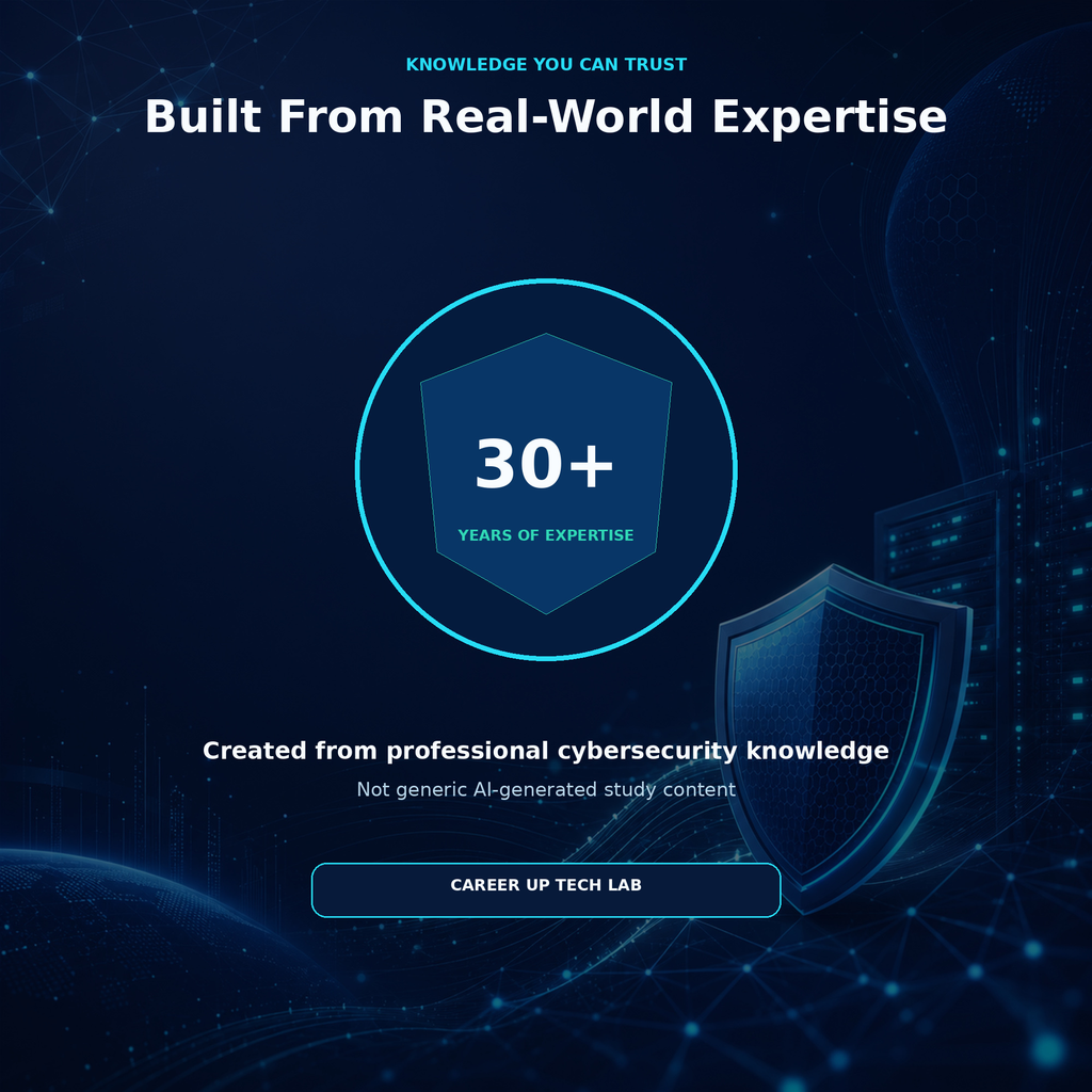 Career Up Tech Lab graphic highlighting more than 30 years of real-world professional cybersecurity expertise behind the DoS and DDoS educational content.