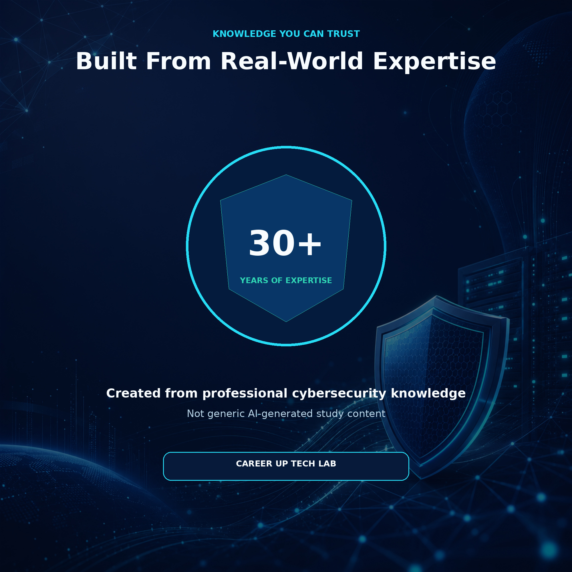 Career Up Tech Lab graphic highlighting more than 30 years of real-world professional cybersecurity expertise behind the DoS and DDoS educational content.