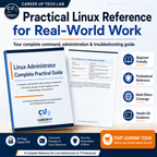 Linux administrator guide benefits graphic showing a laptop mockup and key features such as practical Linux reference, real-world work, and beginner-friendly learning.