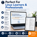Linux Administrator Complete Guide for Linux learners, sysadmins, cybersecurity students, and working professionals, shown on a laptop and tablet with practical command reference pages.