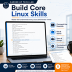 Build core Linux skills graphic showing actual Linux Administrator guide pages focused on practical system administration concepts and hands-on learning.