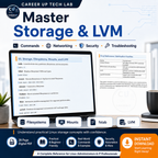 Linux Administrator Complete Guide storage and LVM reference graphic showing Linux filesystem, mount, fstab, and LVM commands with a 28-page digital PDF guide preview.