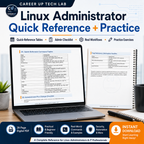 Linux Administrator Complete Guide quick reference and practice graphic showing command tables, an administrator checklist, Linux distribution references, and practical workflow exercises.
