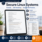 Linux Administrator Complete Guide security graphic showing firewall commands, SSH hardening, security best practices, and Linux quick-reference command tables.